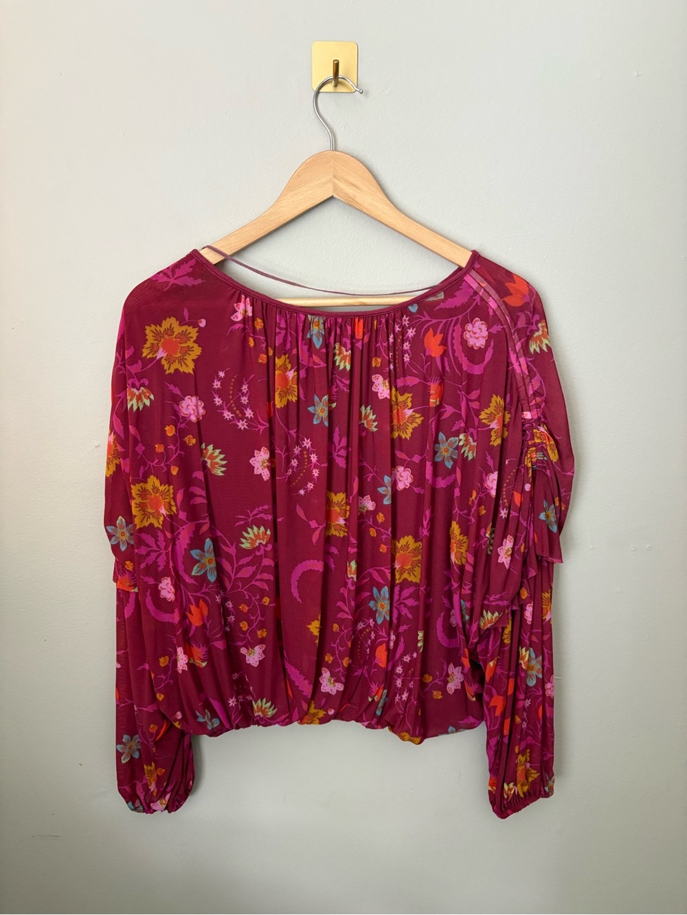 Small Free People Wildflower Honey Floral Long Sleeve Mesh Top Berry Combo